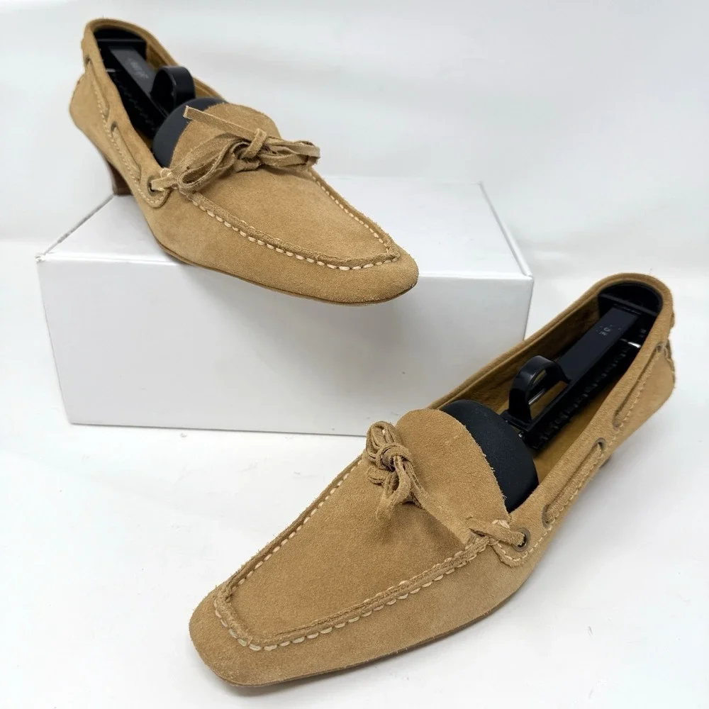 Vintage Eddie Bauer Suede Kitten Heel Loafers Square Toe Tan‎ Women's 8M